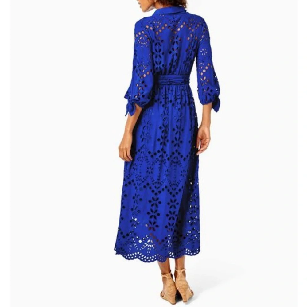 Lilly Pulitzer Borealis Blue Amrita Midi Eyelet Shirtdress Sundress Size 0 - Picture 2 of 7